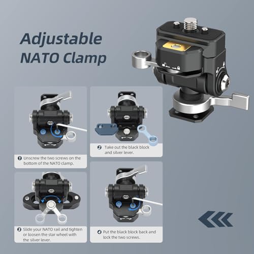 Nitze Quick Release Camera Monitor Mount (NATO Rail with 1/4” Screw and Retractable Pins to Cold Shoe), Field Monitor Mount with Adjustable NATO Clamp, 170° Tilt and 360° Pan - N54-S1 - Image 5