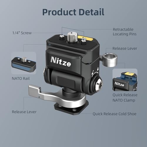 Nitze Quick Release Camera Monitor Mount (NATO Rail with 1/4” Screw and Retractable Pins to Cold Shoe), Field Monitor Mount with Adjustable NATO Clamp, 170° Tilt and 360° Pan - N54-S1 - Image 2