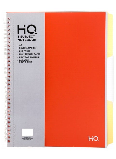 A4 Size Three Subject Spiral Notebook 200 Pages Orange
