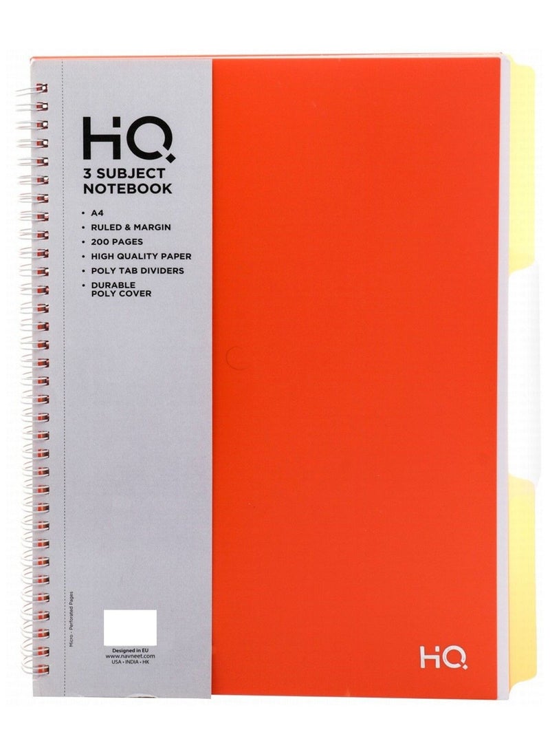 HQ - A4 Size Three Subject Spiral Notebook 200 Pages Orange - Image 1
