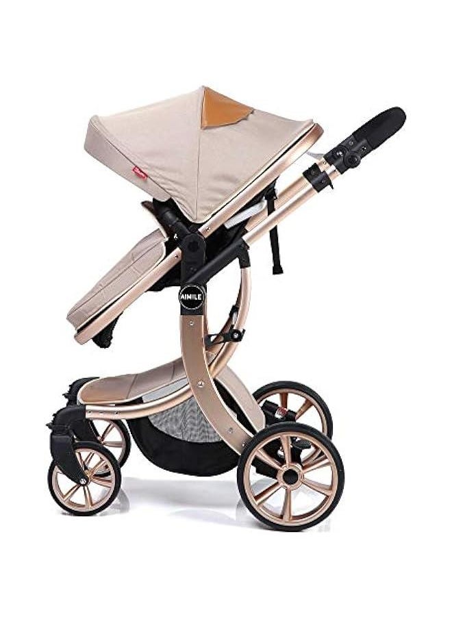Gonice Teknum 3In1 Luxury Pram Stroller |Strong & Study Frame|Multi-Recline Seat|Reversible Seat|Anti-Slip Handles|Five Point Safety Harness|Diaper Nappy Bag|Newborn Baby|Kids 0-4Years|Stroller|Khaki  - Image 5