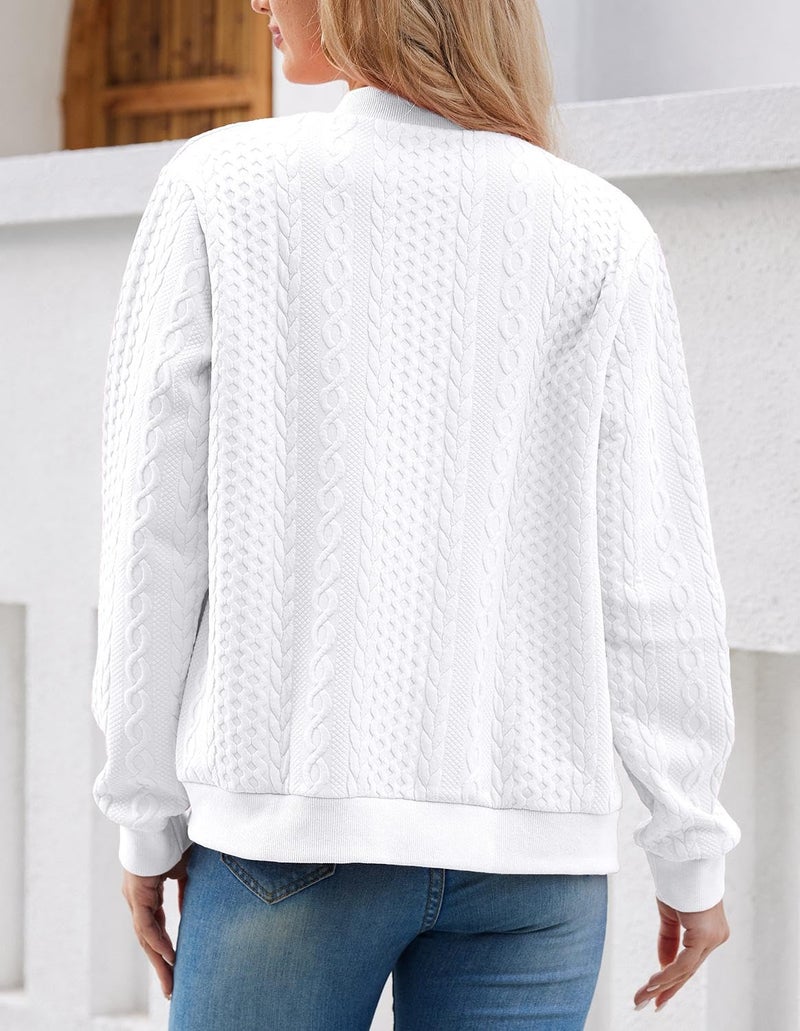 WROLEM Women's Zip Up Cardigan Sweater Cable Hoodies Long Sleeve Jacket Outfits Crewneck Casual Coat White - Image 5
