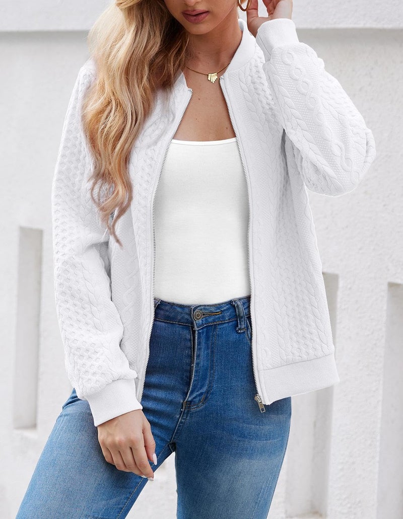 WROLEM Women's Zip Up Cardigan Sweater Cable Hoodies Long Sleeve Jacket Outfits Crewneck Casual Coat White - Image 3
