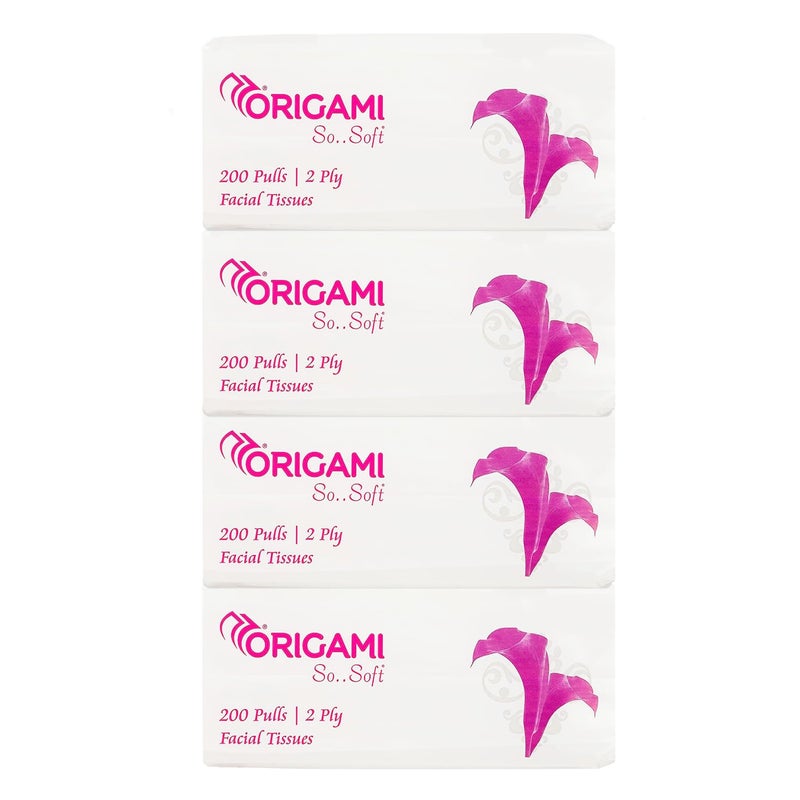 Origami 2 Ply Facial Tissue Soft Pack | Car Tissue - Pack of 4 (200 Pulls Per Box, 800 Sheets) - Image 1