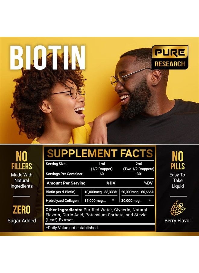 PURE RESEARCH - Biotin & Collagen 50,000mcg Hair Growth Liquid Drops, Supports: Strong Nails, Glowing Skin, Healthy Hair Growth, More Absorption Than Capsules & Pills (4Fl Oz) - Image 1