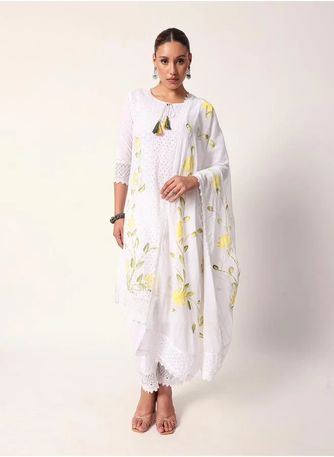 آي شين Women's White Cotton Textured Tunic Full Palazzo Regular Fit Kurta Set