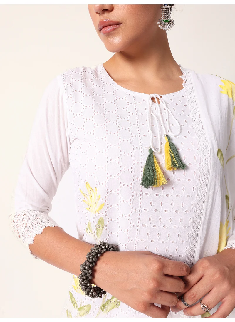 آي شين Women's White Cotton Textured Tunic Full Palazzo Regular Fit Kurta Set