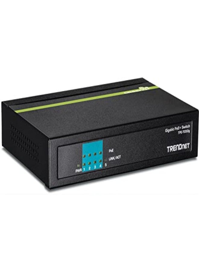 تريندنت مفتاح TRENDnet جيجابت PoE+ بخمسة منافذ، استهلاك طاقة PoE 32 واط، سعة تحويل 10 جيجابت في الثانية، جودة خدمة IEEE 802.1p، دعم تمرير DSCP، بدون مروحة، قابل للتركيب على الحائط، حماية مدى الحياة، أسود، TPE-TG52 - Image 1