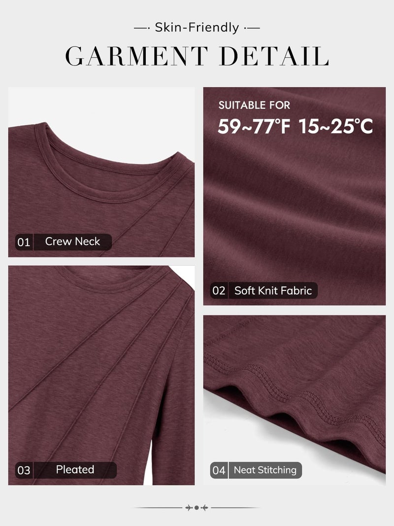 ATHMILE Womens Long Sleeve Shirts Pleated Crew Neck Casual Fall Fashion Ladie Tops Loose Fit Spring Clothes Beach Vacation Wine Red - Image 5