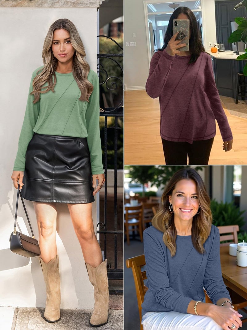 ATHMILE Womens Long Sleeve Shirts Pleated Crew Neck Casual Fall Fashion Ladie Tops Loose Fit Spring Clothes Beach Vacation Wine Red - Image 4