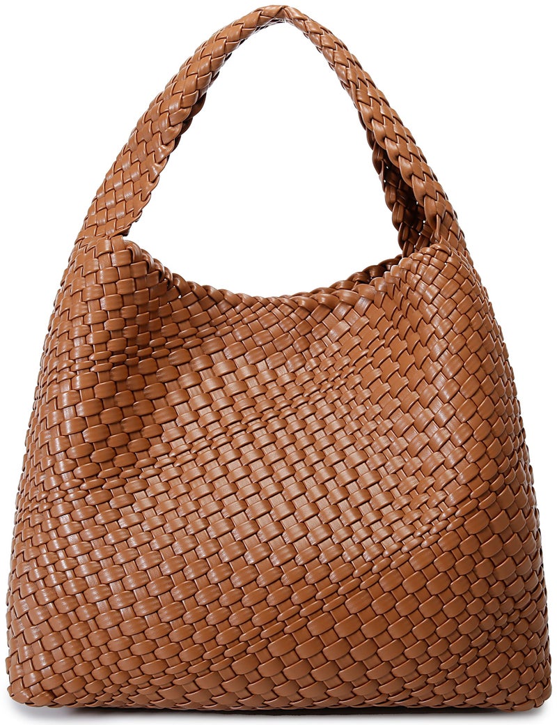 Queenoris Fashion Woven Purse for Women Top-handle Shoulder Bag Soft Summer Hobo Tote Bag (Brown, Medium) - Image 1