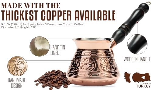 DEMMEX Thickest Copper Turkish Greek Arabic Coffee Pot, Stovetop Coffee Maker, Cezve Ibrik Briki with Wooden Handle & Spoon, Hand Engraved (Antique Copper, 9 Ounces) - Image 5