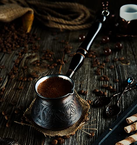 DEMMEX Thickest Copper Turkish Greek Arabic Coffee Pot, Stovetop Coffee Maker, Cezve Ibrik Briki with Wooden Handle & Spoon, Hand Engraved (Antique Copper, 9 Ounces) - Image 3