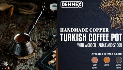 DEMMEX Thickest Copper Turkish Greek Arabic Coffee Pot, Stovetop Coffee Maker, Cezve Ibrik Briki with Wooden Handle & Spoon, Hand Engraved (Antique Copper, 9 Ounces) - Image 2