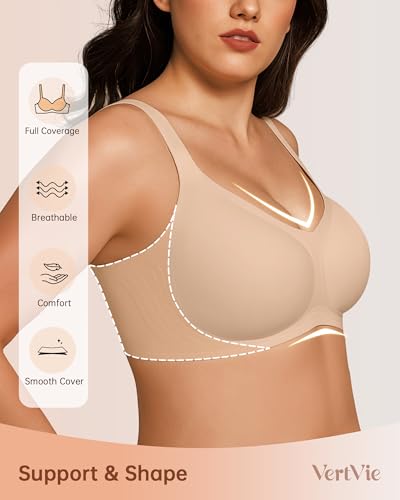Vertvie Bras for Women No Underwire Wireless Support Bra Underarm-Smoothing Seamless Push Up Full Coverage T-Shirt Sports Bra(Nude,X-Large) - Image 2