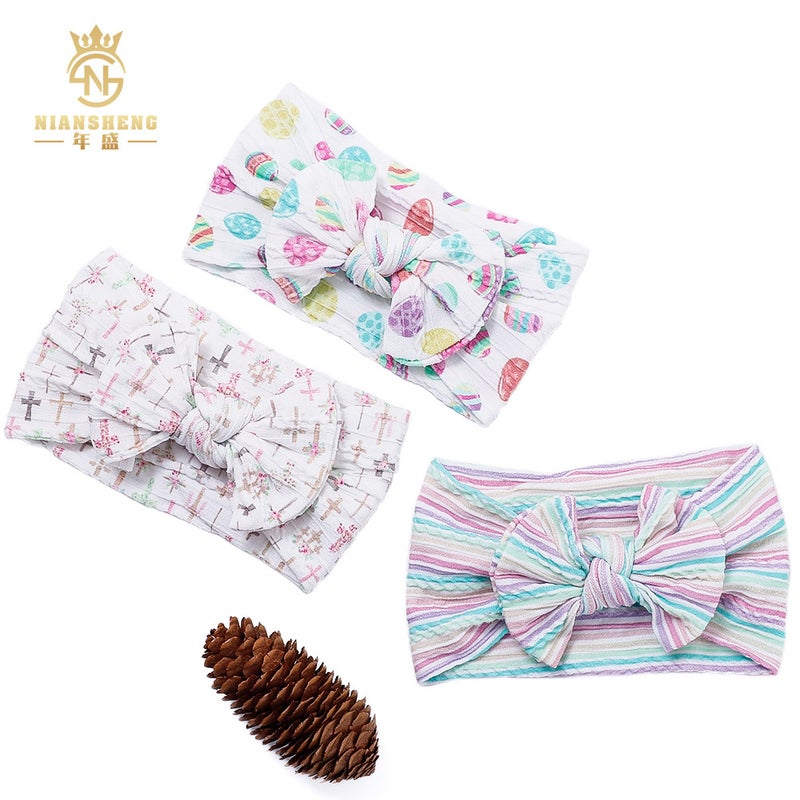 Spring New Children'S Hair Accessories Baby Printed Bow Wide Hair Belt Baby Jacquard Elastic Headband - Image 3