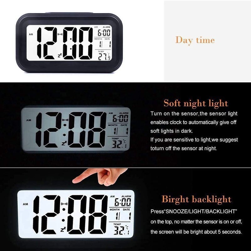 McMus Digital Alarm Clock Table Clock for Students Home Office Corporate with Automatic Sensor Date Temperature Black - Image 3