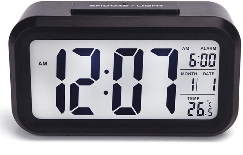 McMus Digital Alarm Clock Table Clock for Students Home Office Corporate with Automatic Sensor Date Temperature Black - Image 1