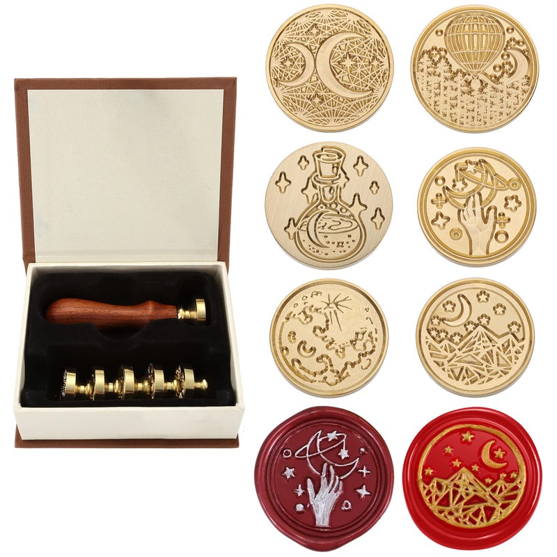 Yoption 6 Pcs Wax Seal Stamp Set Vintage Moon and Star Sealing Wax Stamps Kit Wooden Handle with Brass Head for Wedding Christmas Invitation Gift Cards