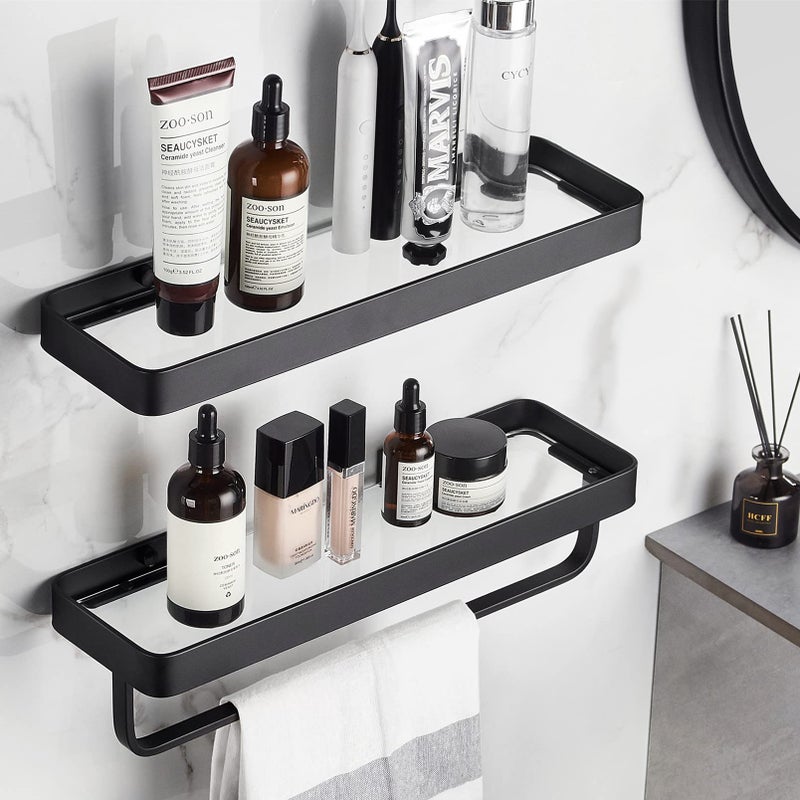 VOLPONE Bathroom Shelves Wall Mounted Glass Shelf for Floating Shelf Tempered Glass Shelves 2 Tier Bathroom Wall Organizer(Black) - Image 1