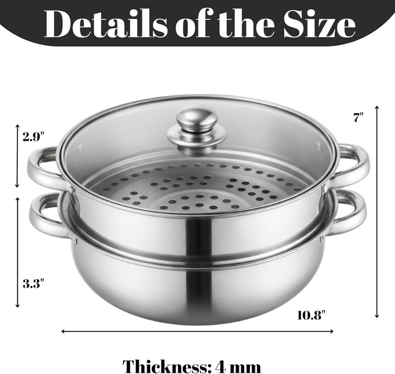 ZENFUN Steamer Pot With Lid 2 Tier, Multipurpose Stainless Steel Steaming Pot, Steam Pots With Handle For Vegetable, Dumpling, Food, 11 Inch（Thickened） - Image 2
