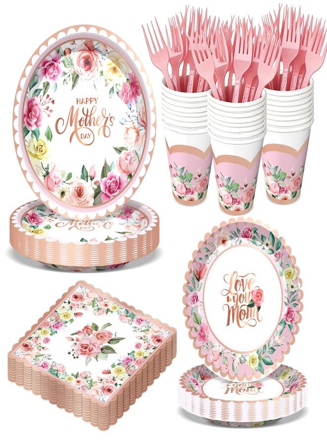 BSOMAM Vintage Floral Party Supplies Rose Gold for Mother's Day Plates Napkins Cups Forks Disposable Tableware Set for Moms Days Party Supplies Home Brunch Dinner, Serves 24 - Image 1