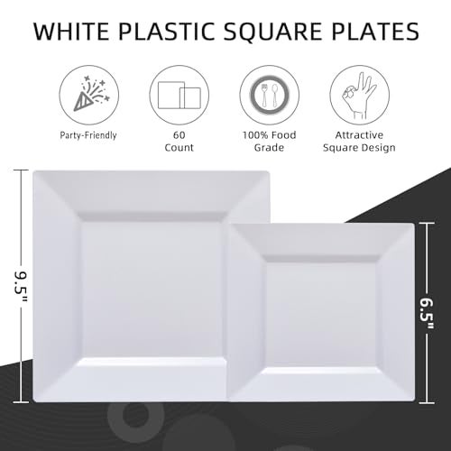 N9R 60PCS White Square Plastic Plates, 30 Dinner & 30 Dessert Plates Heavy Duty, Fancy Disposable Plates for Party, Wedding and other Events - Image 3