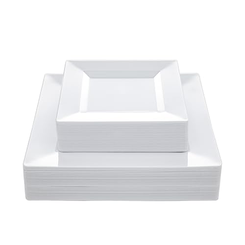 N9R 60PCS White Square Plastic Plates, 30 Dinner & 30 Dessert Plates Heavy Duty, Fancy Disposable Plates for Party, Wedding and other Events - Image 1