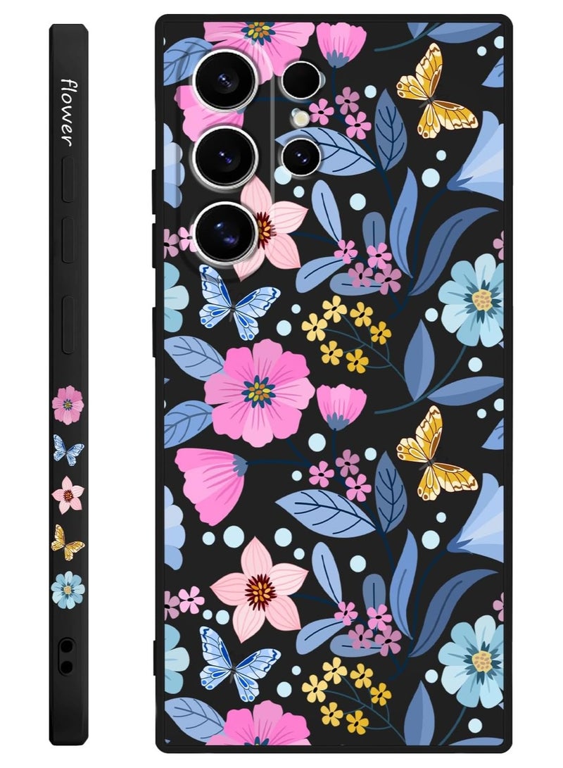 for Samsung S24 Ultra Case Flower Butterfly Pattern Design S24 Ultra Phone Cover Ultra Thin Soft Anti Drop Liquid Silicone Case for Samsung Galaxy S24 Ultra 6.8"-Flower Black - Image 1