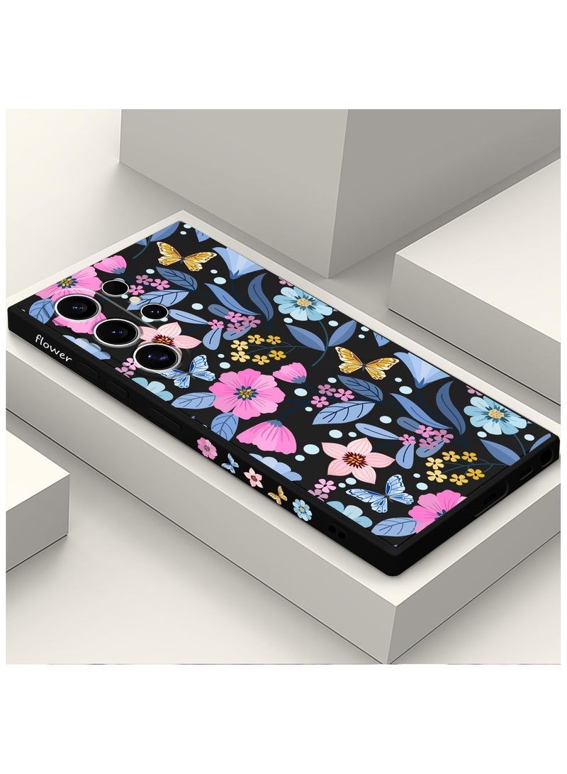 for Samsung S24 Ultra Case Flower Butterfly Pattern Design S24 Ultra Phone Cover Ultra Thin Soft Anti Drop Liquid Silicone Case for Samsung Galaxy S24 Ultra 6.8"-Flower Black - Image 2