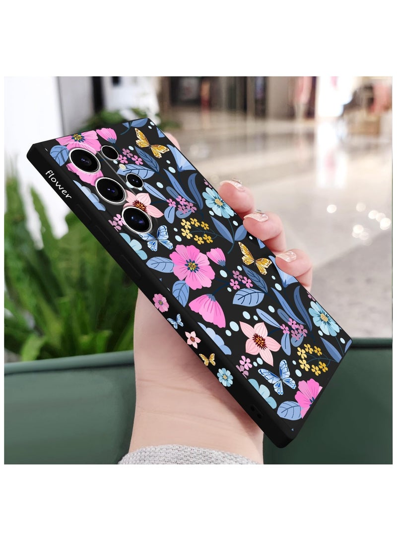 for Samsung S24 Ultra Case Flower Butterfly Pattern Design S24 Ultra Phone Cover Ultra Thin Soft Anti Drop Liquid Silicone Case for Samsung Galaxy S24 Ultra 6.8"-Flower Black - Image 3