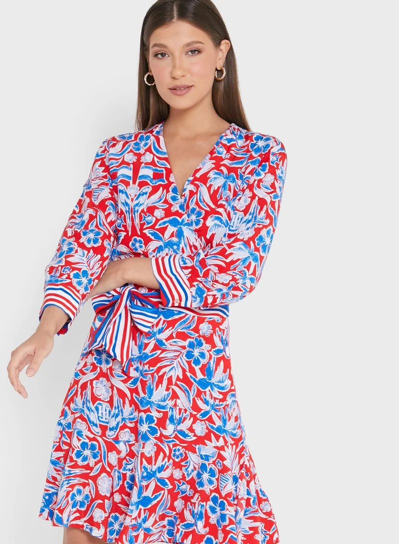 TOMMY HILFIGER Wrap Neck Tie Detail Printed Dress