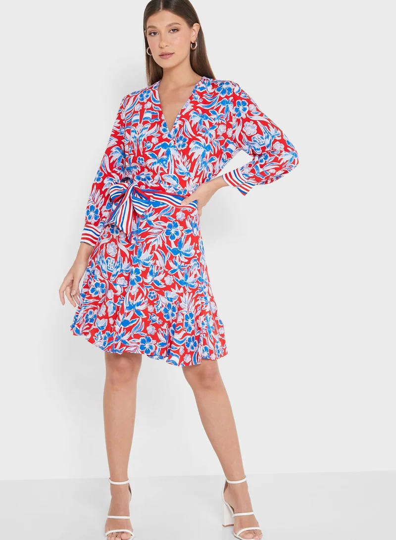 TOMMY HILFIGER Wrap Neck Tie Detail Printed Dress