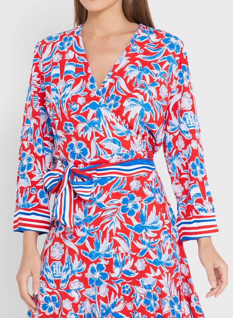 TOMMY HILFIGER Wrap Neck Tie Detail Printed Dress