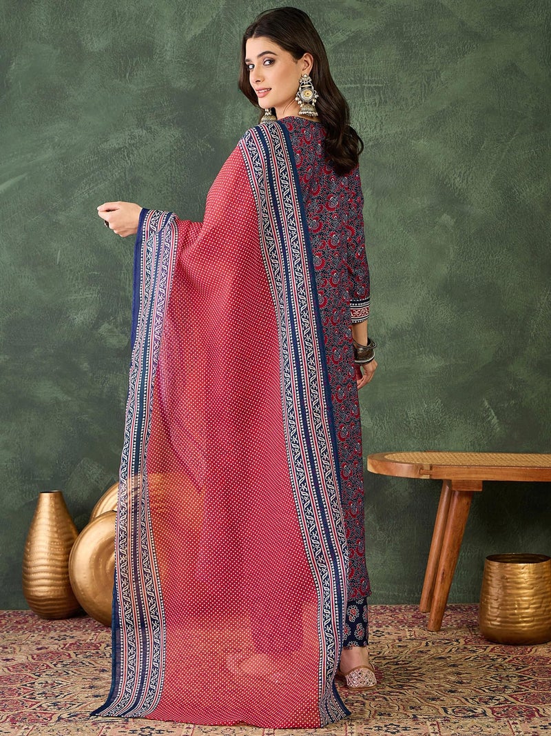 Naixa Women's Rayon Printed Flared Kurta with Pant and Dupatta Sets (NX-735-Navy Blue-S) - Image 4