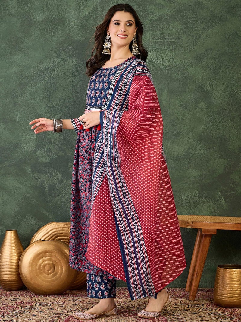 Naixa Women's Rayon Printed Flared Kurta with Pant and Dupatta Sets (NX-735-Navy Blue-S) - Image 3