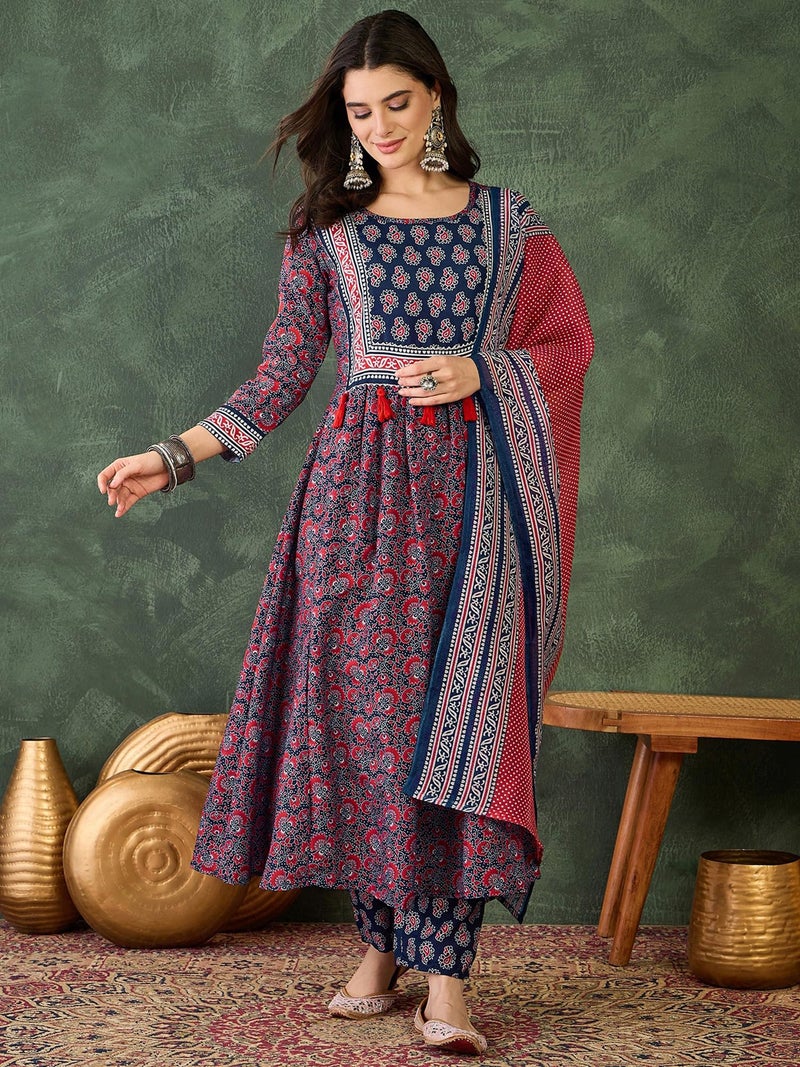 Naixa Women's Rayon Printed Flared Kurta with Pant and Dupatta Sets (NX-735-Navy Blue-S) - Image 2