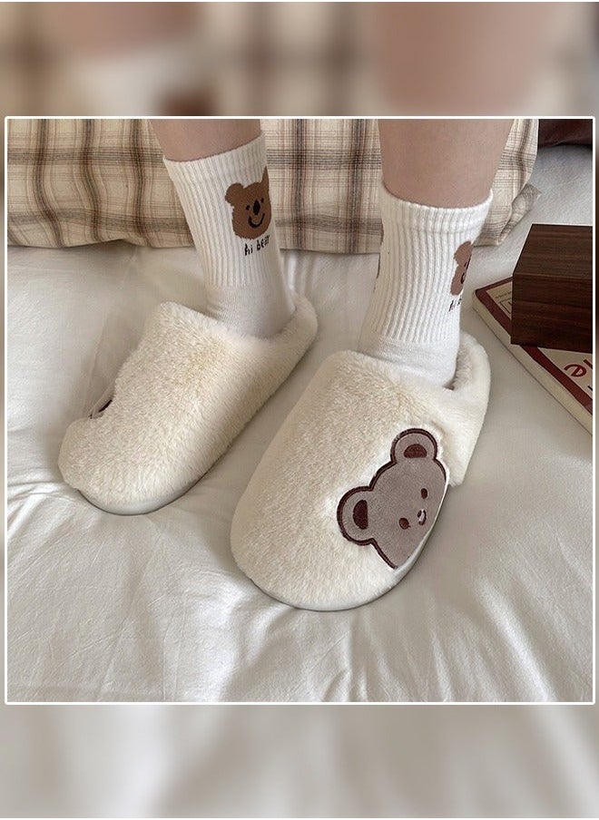 NIBEMINENT Lovely Bear Design Female Cotton Slippers Autumn And Winter Home Indoor Non-Slip Thick Comfot Soft Bottom Warm Bedroom for Women White  - Image 1