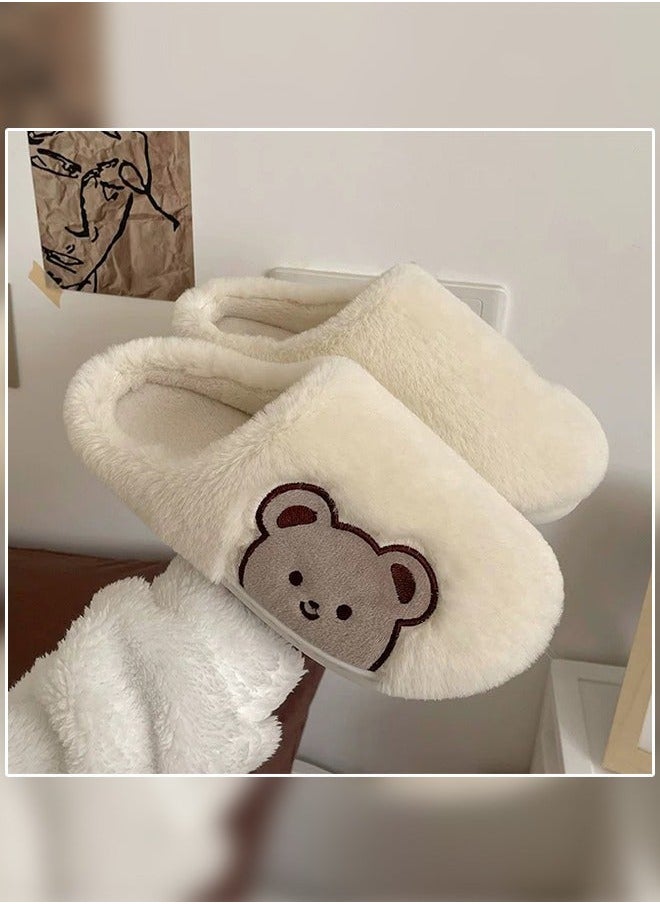 NIBEMINENT Lovely Bear Design Female Cotton Slippers Autumn And Winter Home Indoor Non-Slip Thick Comfot Soft Bottom Warm Bedroom for Women White  - Image 2