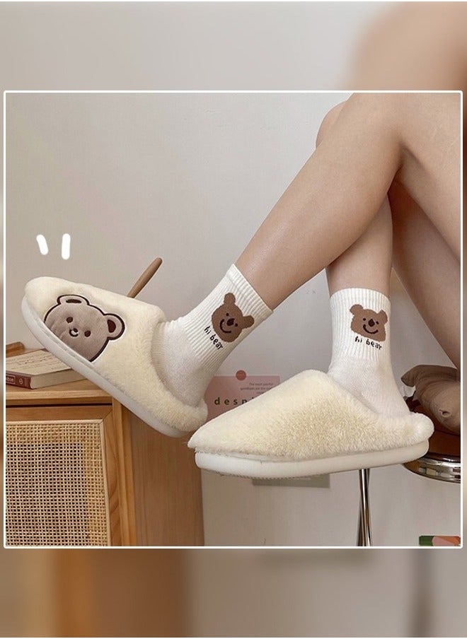 NIBEMINENT Lovely Bear Design Female Cotton Slippers Autumn And Winter Home Indoor Non-Slip Thick Comfot Soft Bottom Warm Bedroom for Women White  - Image 3
