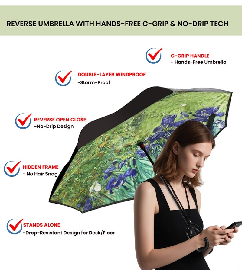SIEPASA 49/56 Inch Inverted Reverse Upside Down Umbrella, Extra Large Double Canopy Vented Windproof Waterproof Stick Golf Umbrellas with C-shape Handle.(Irises, 49 Inch) - Image 2