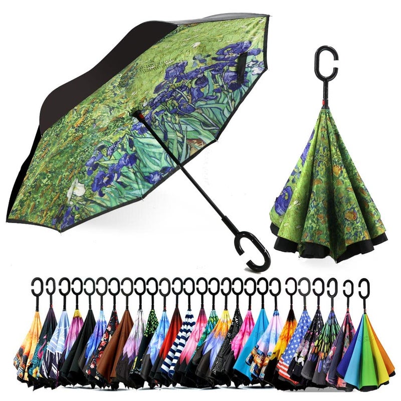 SIEPASA 49/56 Inch Inverted Reverse Upside Down Umbrella, Extra Large Double Canopy Vented Windproof Waterproof Stick Golf Umbrellas with C-shape Handle.(Irises, 49 Inch) - Image 1