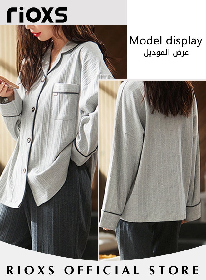 RIOXS Couples Matching 2 Pieces Long Sleeve Pajamas Soft Cotton Sleepwear Button Down Loungewear Men's Women's V-neck Tops and Straight Loose Leg Pants  - Image 3