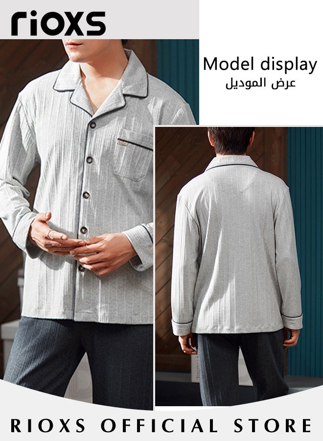 RIOXS Couples Matching 2 Pieces Long Sleeve Pajamas Soft Cotton Sleepwear Button Down Loungewear Men's Women's V-neck Tops and Straight Loose Leg Pants  - Image 4