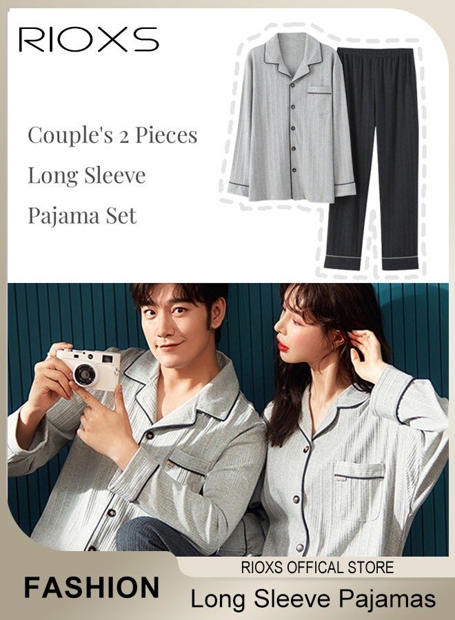 RIOXS Unisex 2 Pieces Long Sleeve Pajamas Set, Couples Matching Comfortable Home Clothes, Soft Cotton Sleepwear with Front-Pocket, Button Down Loungewear Men's Women's V-neck Tops and Straight Loose Leg Pants for Housewear, Park Walking, Grocery - Image 2