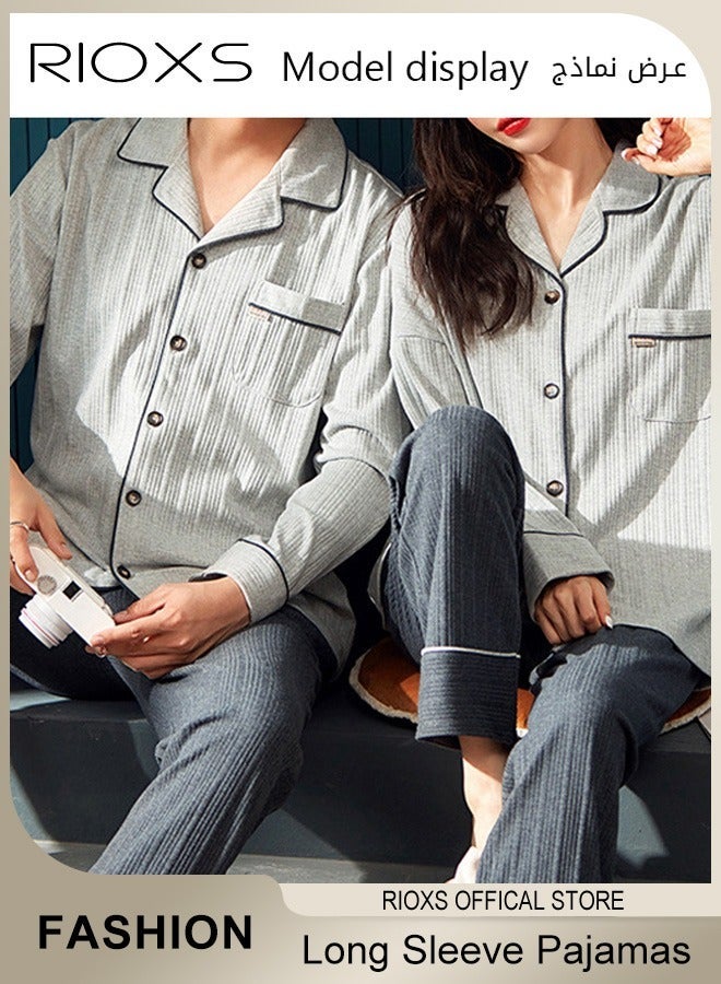 RIOXS Unisex 2 Pieces Long Sleeve Pajamas Set, Couples Matching Comfortable Home Clothes, Soft Cotton Sleepwear with Front-Pocket, Button Down Loungewear Men's Women's V-neck Tops and Straight Loose Leg Pants for Housewear, Park Walking, Grocery - Image 1