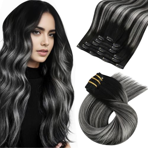 Moresoo Clip in Hair Extensions Black Ombre Grey Remy Double Weft Hair Extensions Clip ins Real Human Hair Balayage Black and Silver for Long Straight 7Pieces 120Grams 24inch - Image 1