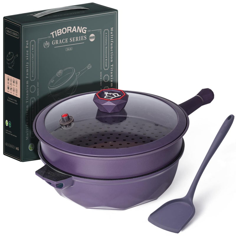 TIBORANG 8 in 1 Multipurpose 11 Inch 5 Qt Frying Pans Nonstick with Lid,Steamed Grid,PFOA-Free,Dishwasher&Oven Safe,Works with All Stovetops (Purple) - Image 1