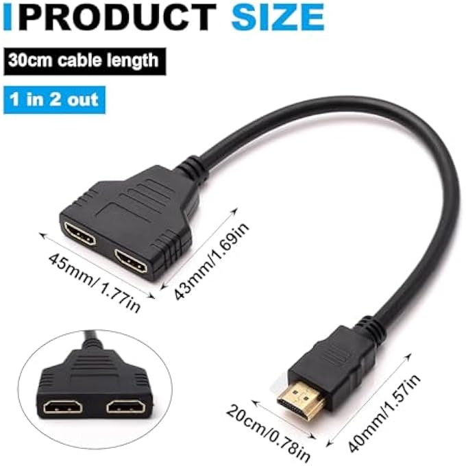 rayihni HDMI SPLITTER 1 IN 2 OUT CABLE, SPLITTER CABLE ADAPTER, 1080P HDMI MALE TO DUAL FEMALE 1 TO 2 WAY DISTRIBUTOR CONVERTER FOR CABLE FOR HDTV HD, LED,LCD MONITOR AND PROJECTORS, SUPPORT TWO TVS AT THE SA - Image 2
