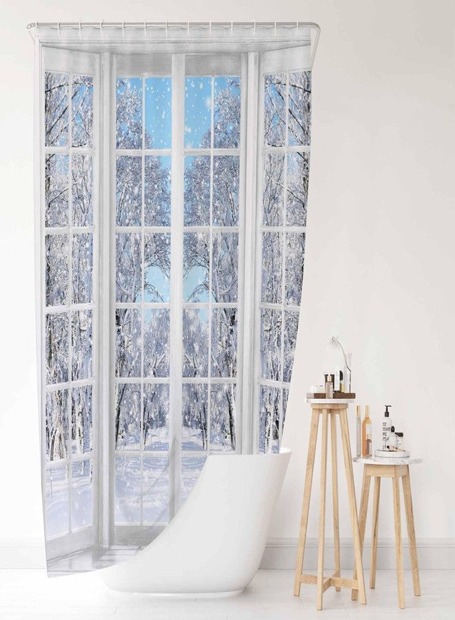 Funnytree 72" x 72" Winter Window Shower Curtain Set with 12 Hooks Christmas Snowy Scenery Forest Nature Bathroom Waterproof Bathtub Home Decor - Image 5